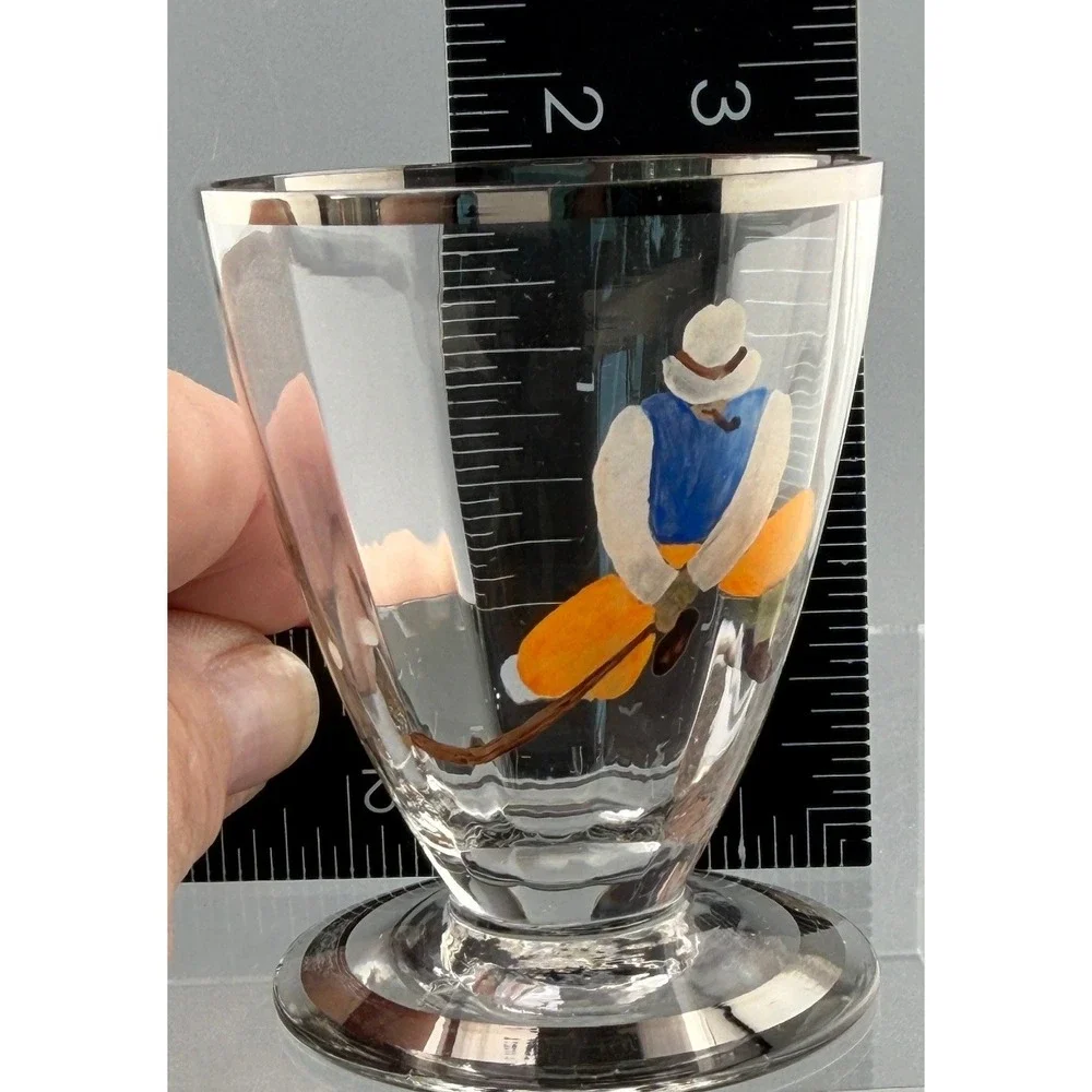 Vintage Hand Painted Golfer Cordial Glasses Pair Silver Rim 2 3/4